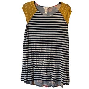 Matilda Jane‎ Girls Floral Shirt Sz M Multicolor Gold Blue White Dot High Low